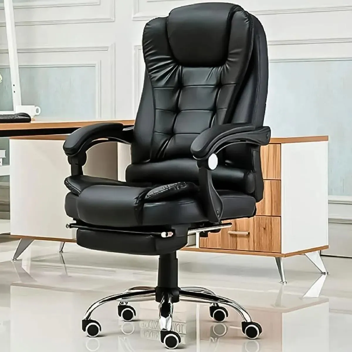 Silla Ejecutiva Con Masaje Secretarial Oficina Reposapiés Respaldo Reclinable Acojinada Giratoria Ergonómica Descansa Pies SelectShop Color Negro