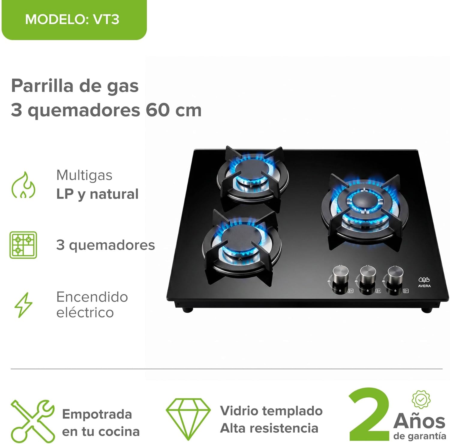 AVERA Parrilla de gas 3 quemadores Premium, Superficie de vidrio templado 60 cm, Soportes Hierro fundido, Encendido Electronico, Estufa Empotrable para Gas LP y Natural, Incluye espreas | VT3