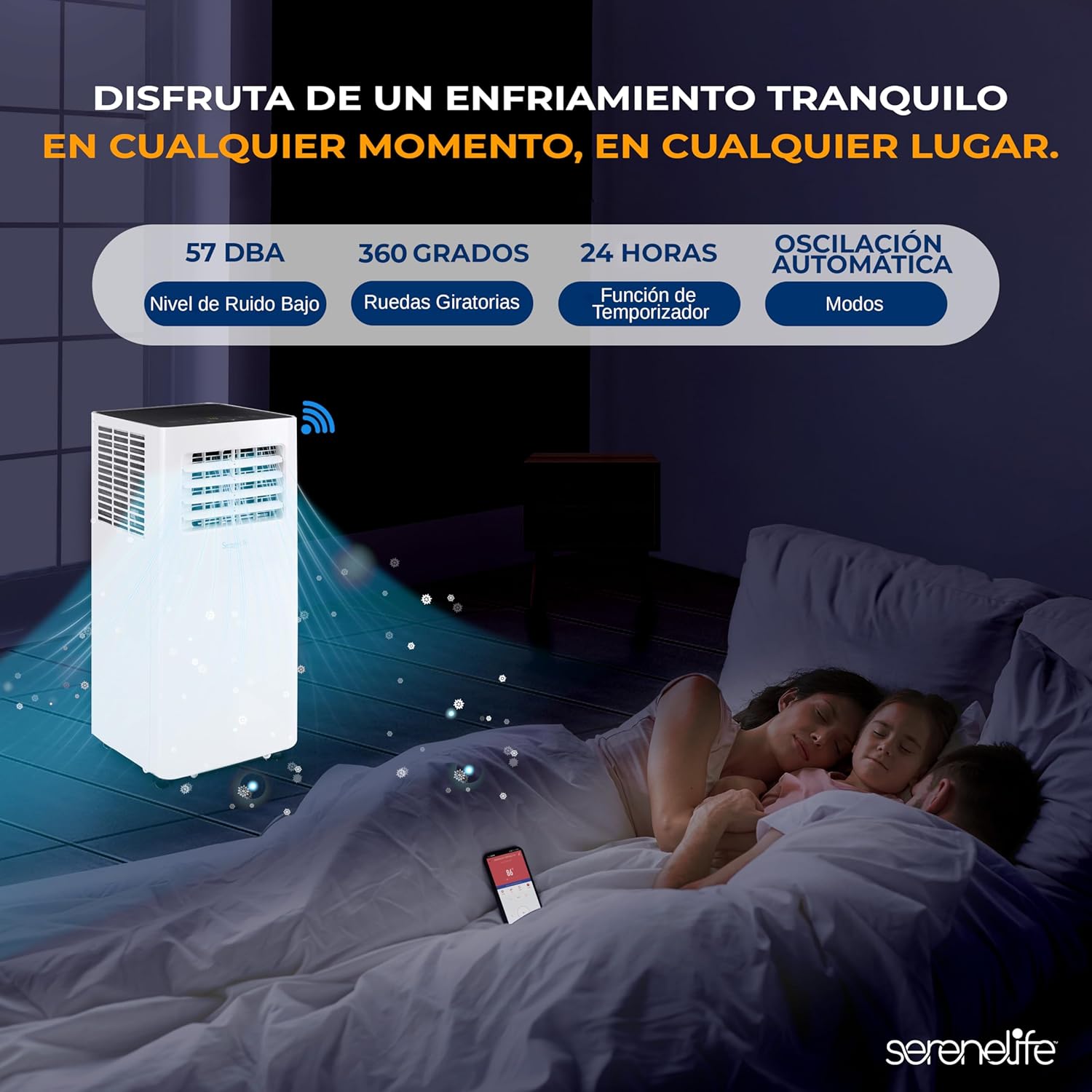 SereneLife Aire Acondicionado Portátil 10000 BTU WiFi con Deshumidificador Incorporado, para habitaciones de hasta 42mts, Control Remoto y App, Incluye Kit de Montaje para Ventana