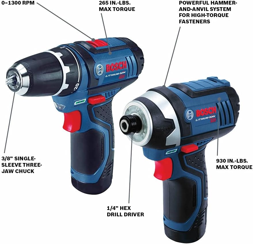 Bosch CLPK22-120 Kit combinado de 2 herramientas de 12 V máx. con Taladro/Atornillador de 3/8", Atornillador de impacto y (2) baterías de 2.0 Ah