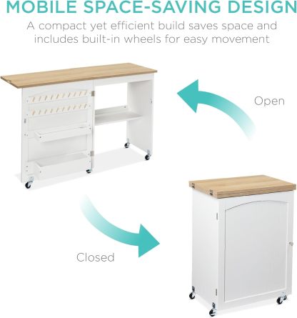 Best Choice Products - Mesa de coser plegable multiusos, estación de manualidades, diseño compacto, ruedas, estantes, almacenamiento, clavijas, puertas magnéticas, pomos de puerta de metal, blanca