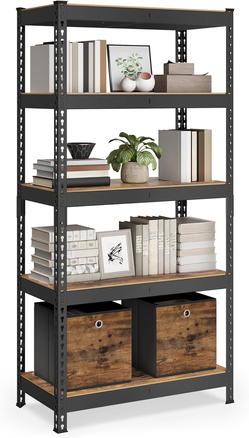 SONGMICS Estantería de Almacenamiento de 5 Niveles, Montaje sin Tornillos, Estantes Ajustables, 45 x 90 x 180 cm, Marrón Rústico y Negro MGLR450BZ02.