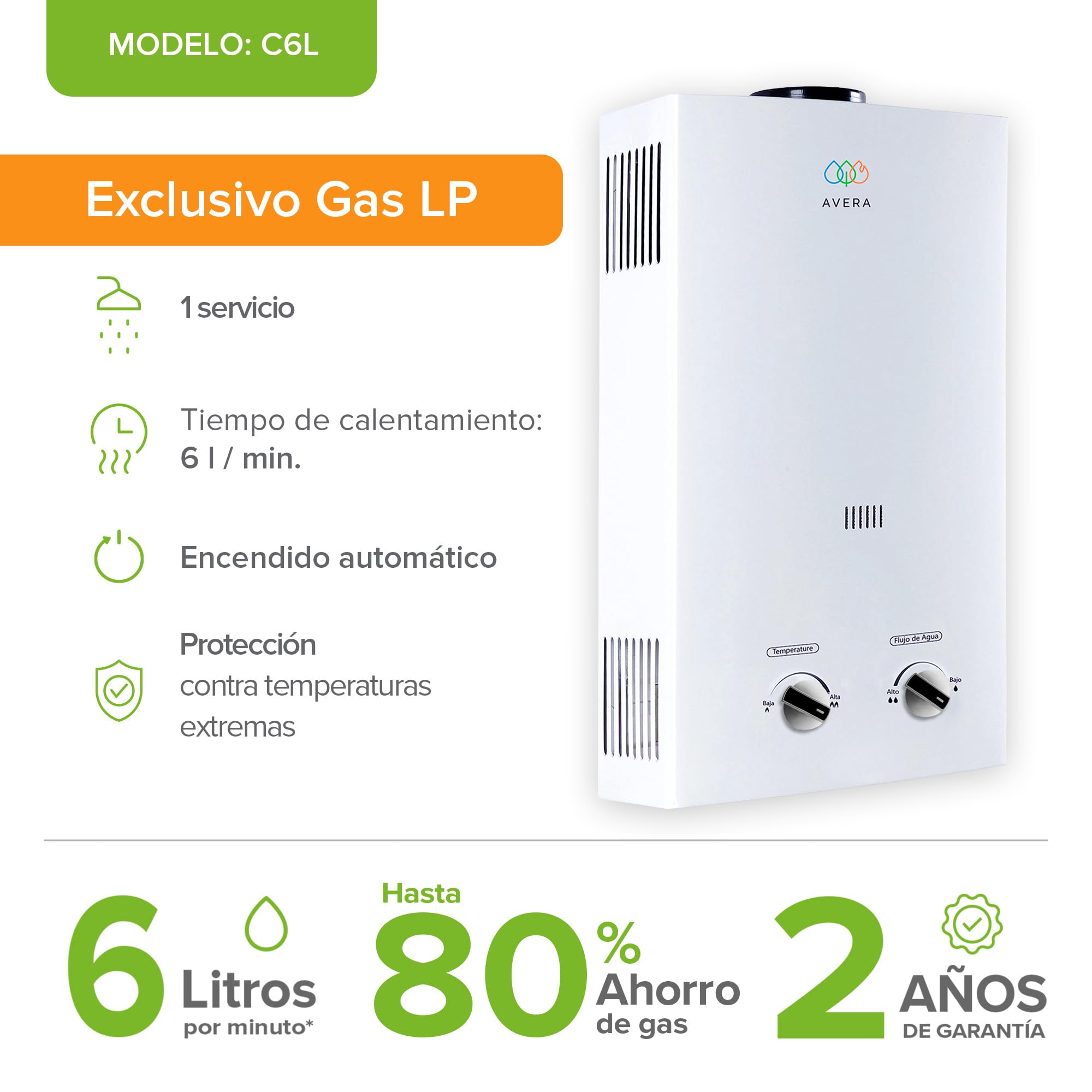 AVERA Calentador de Agua Instantaneo GAS LP, Boiler de Paso, Capacidad 6 Litros/Minuto, 1 Servicio, Facil Instalacion, Ahorro de Gas y Agua Caliente al Instante | C6L
