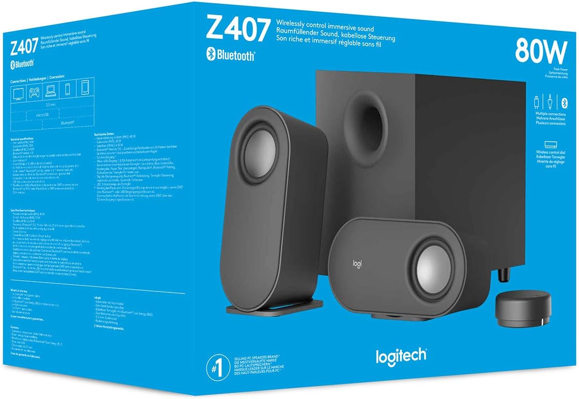 Logitech Z407 Bocinas Bluetooth para Ordenador con Subwoofer y Control inalámbrico, Sonido inmersivo, Audio Premium con Varias entradas, Altavoces USB - Negro