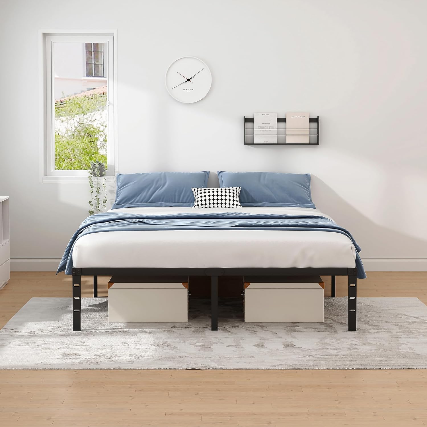 New Jeto Marco de cama de metal con espacio de almacenamiento debajo de la cama, plataforma sencilla y atmosférica, resistente y duradero, tamaño queen, adecuado para recámara