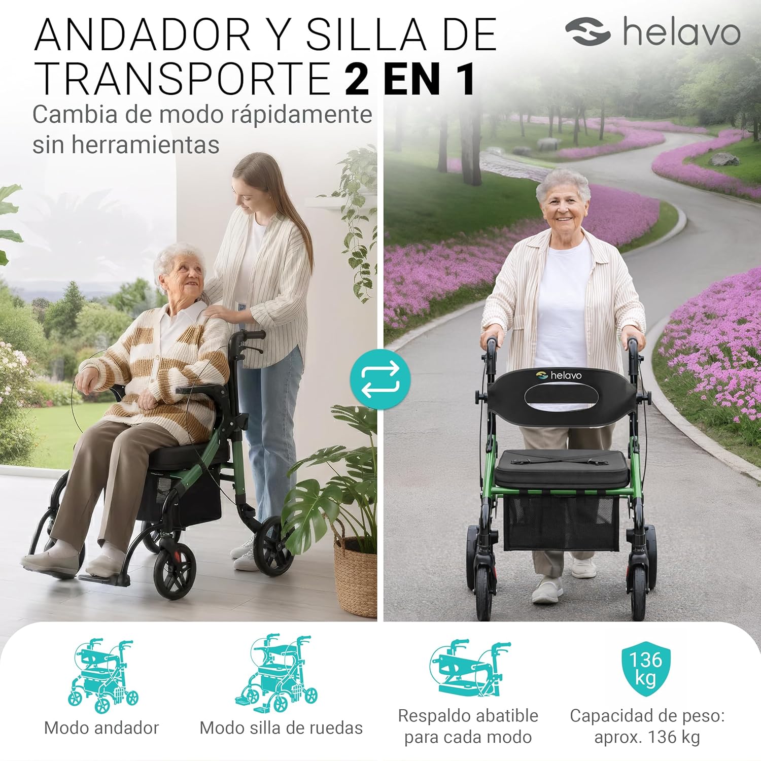 Helavo Andador 2 en 1 con Ruedas Todo Terreno de 10”, Silla de Ruedas Plegable Rollator Ligero con Función de Transporte, Altura Ajustable, Soporta hasta 136 kg