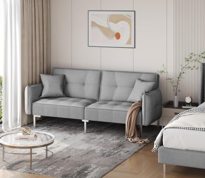 Yaheetech Sofá Cama Convertible Moderno futón sofás, Cama Plegable y Abajo, Tela de Lino reclinable para Sala de Estar, Color Gris