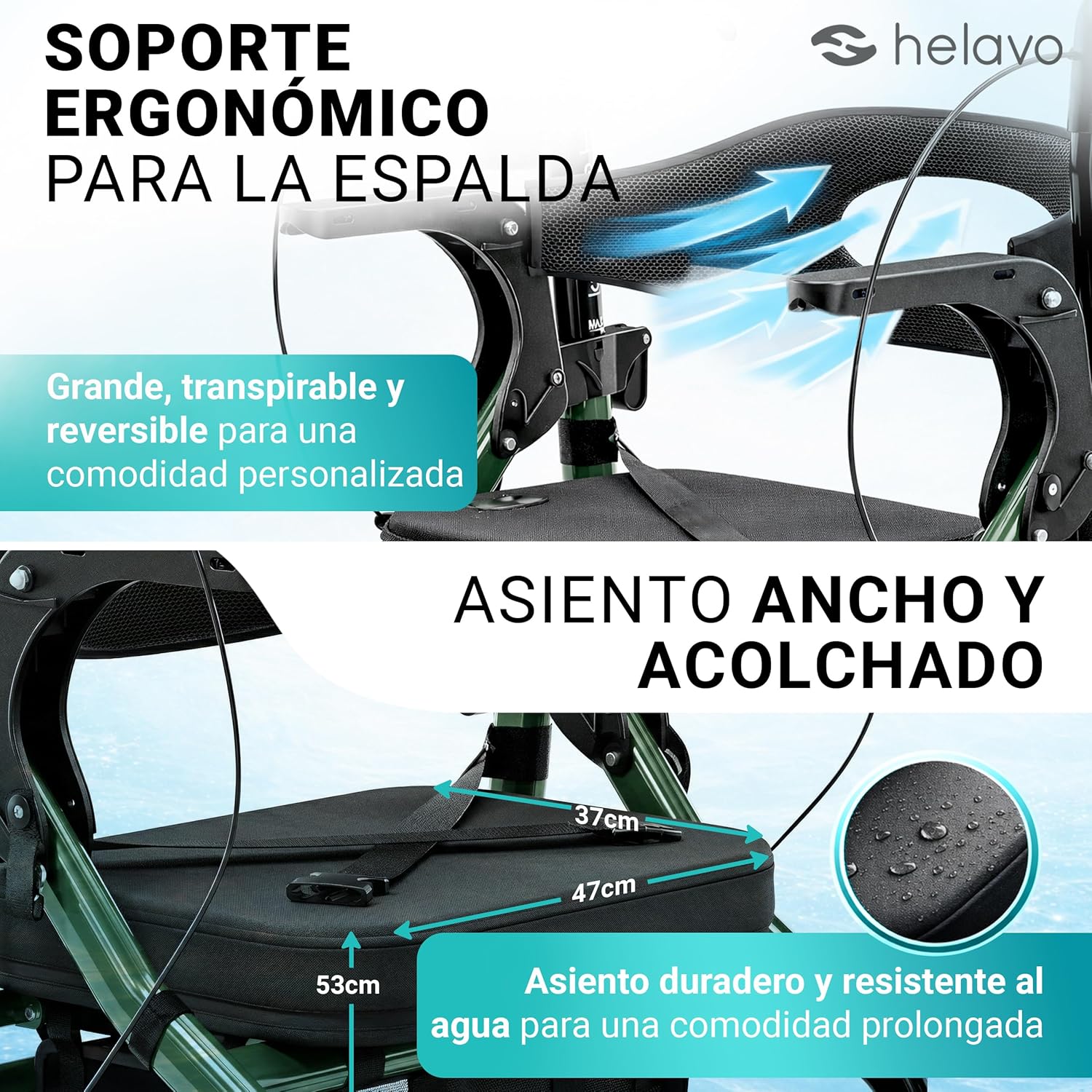 Helavo Andador 2 en 1 con Ruedas Todo Terreno de 10”, Silla de Ruedas Plegable Rollator Ligero con Función de Transporte, Altura Ajustable, Soporta hasta 136 kg