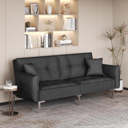 Yaheetech Sofá Cama Convertible Moderno futón sofás, Cama Plegable y Abajo, Tela de Lino reclinable para Sala de Estar, Color Gris