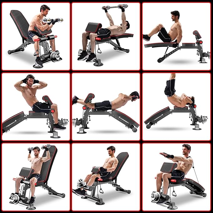 Banco de peso ajustable – Bancos de peso utilitario para entrenamiento de cuerpo completo, plegable plano/inclinación/declive banco multiusos para gimnasio en casa