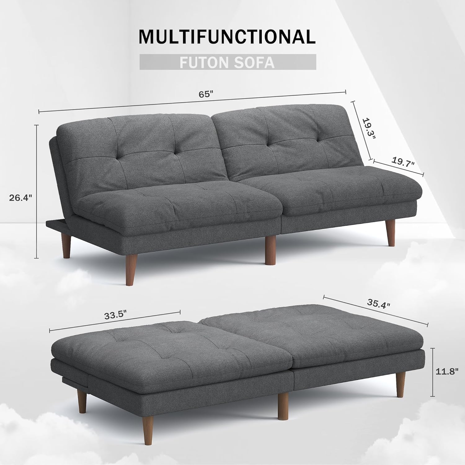 Flamaker Futón sofá cama de tela ajustable, sofá cama para apartamentos pequeños, moderno y convertible, color gris