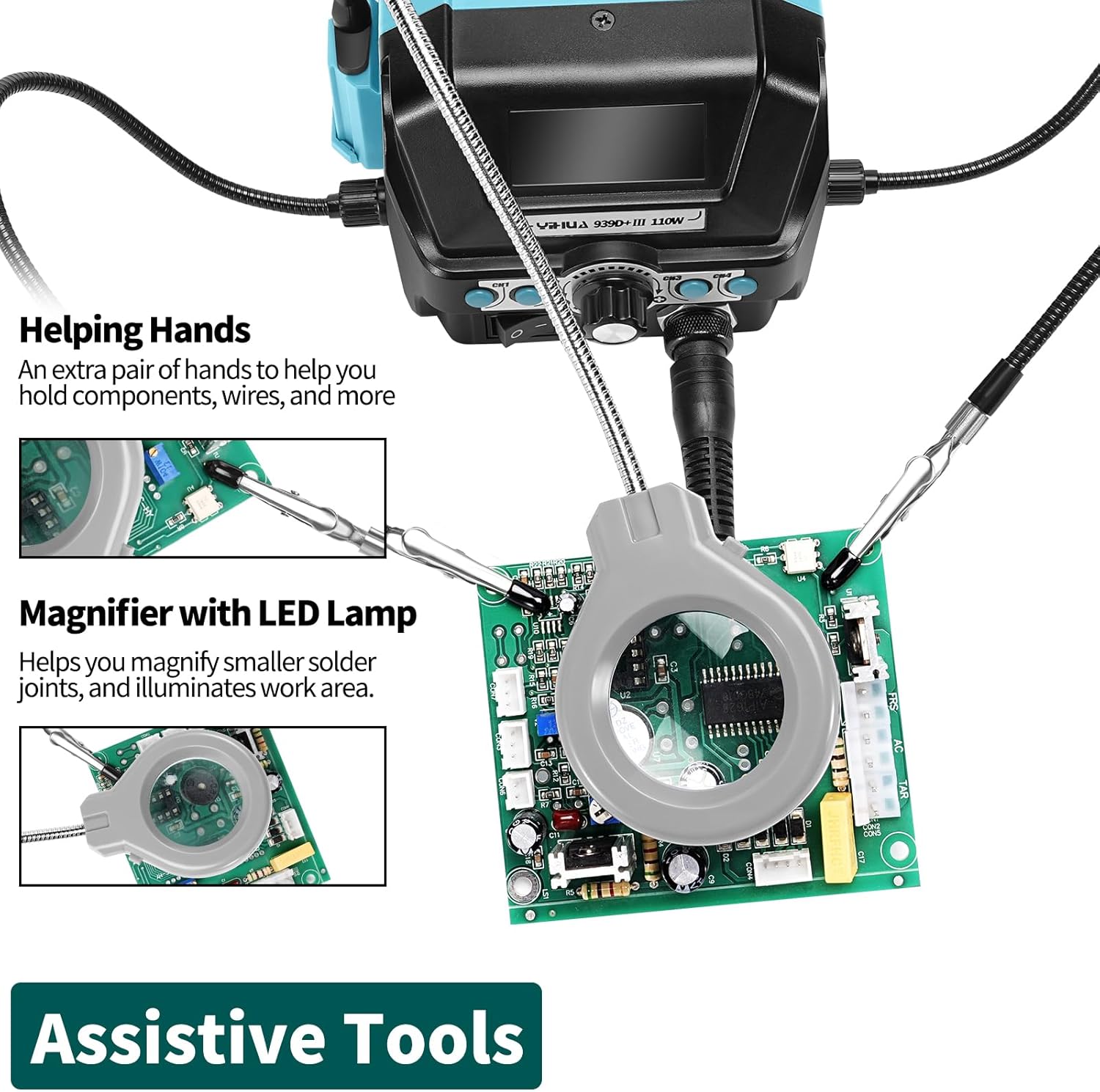 YIHUA 939D+ III EVO Kit de estación de soldador digital de 110 W de alta potencia con visualización LCD, 4 canales de memoria, modo de suspensión, calibración digital, cable de soldadura, manos
