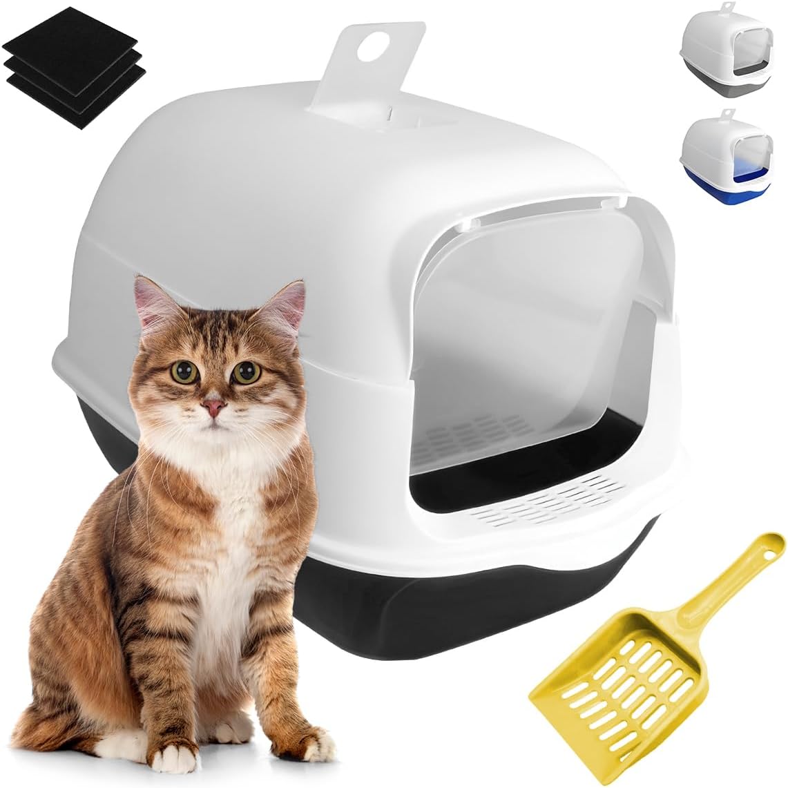 Raganet, Arenero/Inodoro para Gato Cerrado de 50cm X 35cm X 33cm, Caja de Arena para Gatos con Tapa y Puerta Abatible, Antiolores, Facil de Limpiar, Incluye Pala (Gris)
