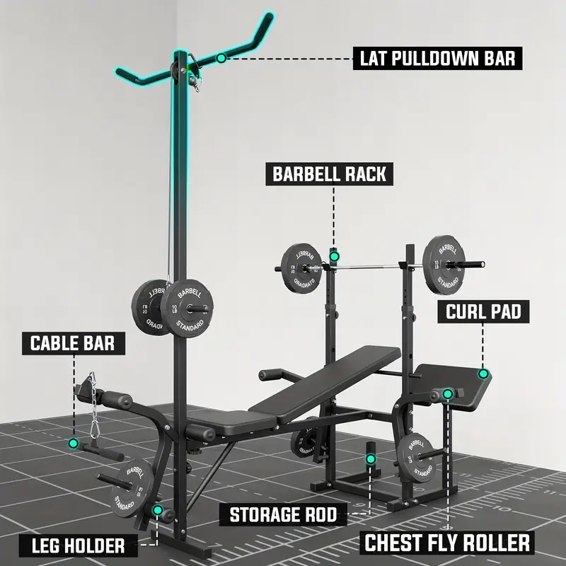 Banco de pesas ajustable 8 en 1, estación de entrenamiento multifuncional con capacidad de 800 libras, adecuado para extensión de piernas, modelado corporal, entrenamiento de fuerza, levantamiento de pesas