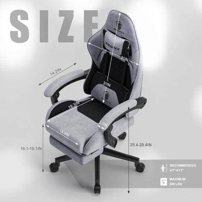 Dowinx - Silla de Juego de Tela con cojín de Resorte de Bolsillo, Silla de Juego de Masaje con reposacabezas, Silla ergonómica de computadora con reposapiés de 300 Libras, Negro y Gris
