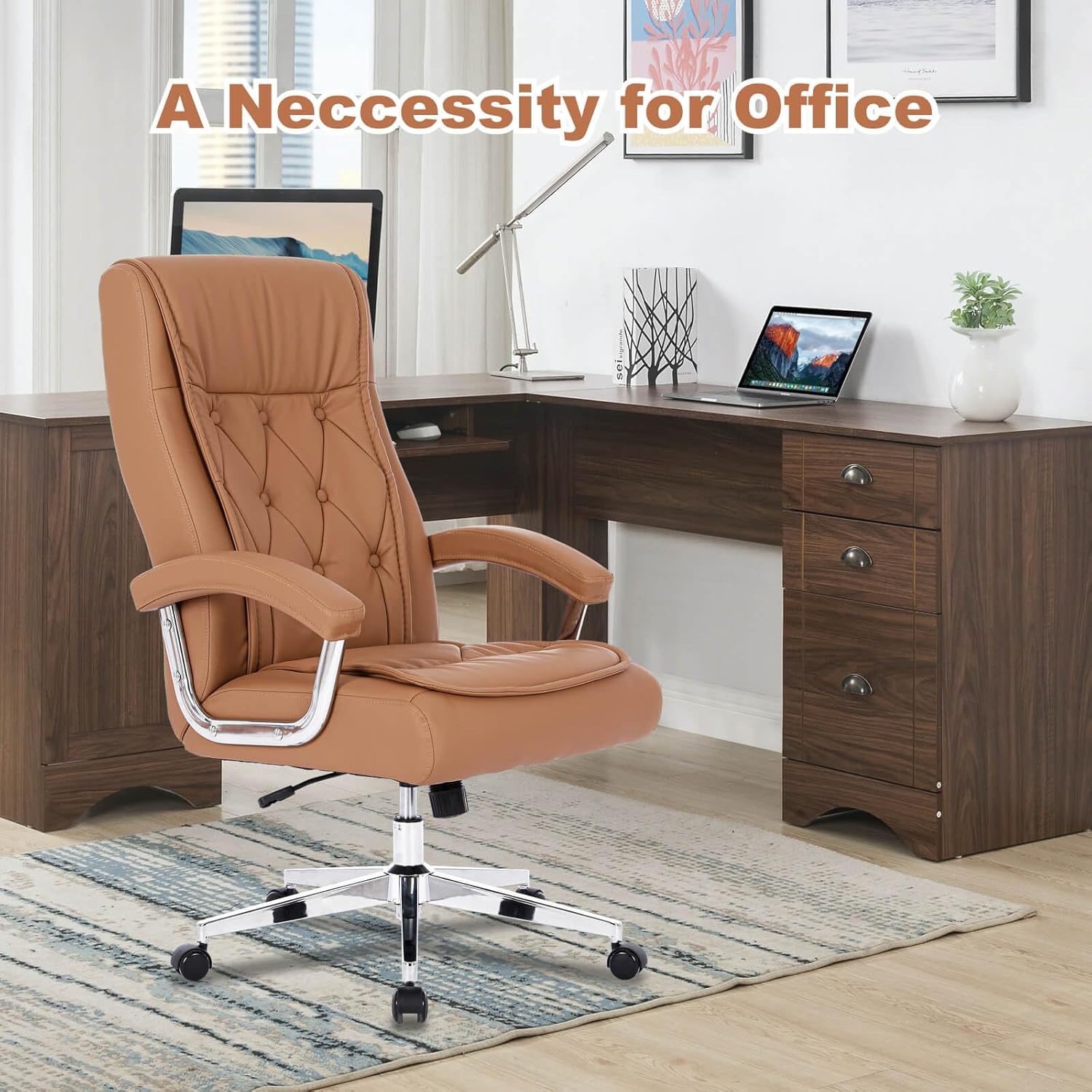 Hoxne - Silla de oficina ejecutiva de piel con brazos y ruedas, respaldo alto, silla ergonómica de computadora de computadora, altura ajustable, silla de computadora de oficina, capacidad de 350
