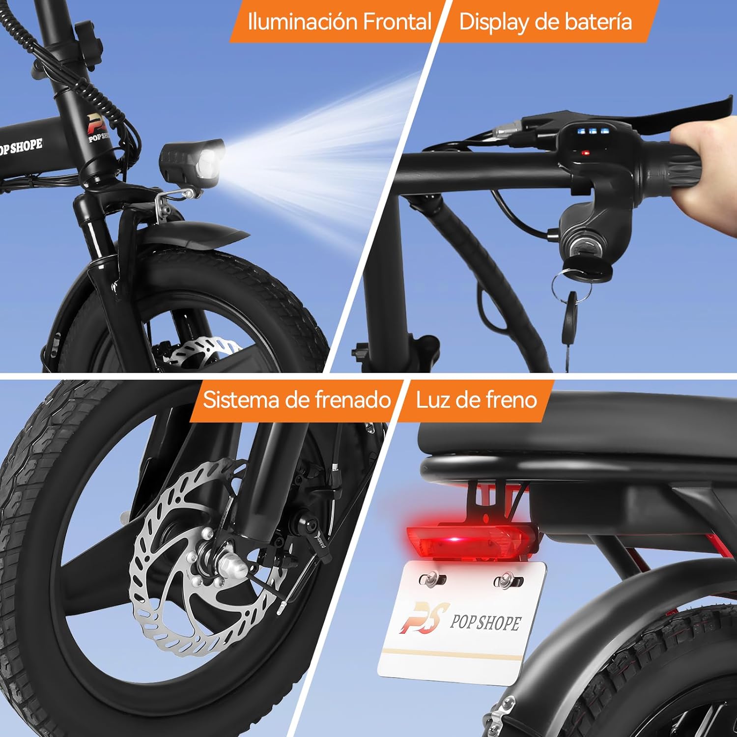 Pop Shope S6 Bicicleta Eléctrica Plegable para Adultos, Velocidad Máxima 35KM/H, Potencia Máxima del Motor 750W, Autonomía 35KM, Batería 48V/10.4AH
