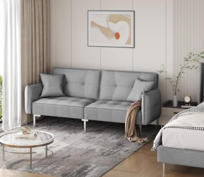 Yaheetech Sofá cama convertible moderno futón sofás, cama plegable y abajo, tela de lino reclinable para sala de estar, color gris-almohada