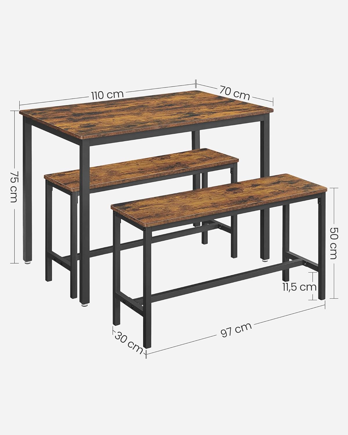 VASAGLE UKDT070B01 - Juego de Mesa de Comedor, Mesa de Cocina con sillas, Industrial para Cocina, Sala de Estar, Sala de Fiesta, café rústico y Negro