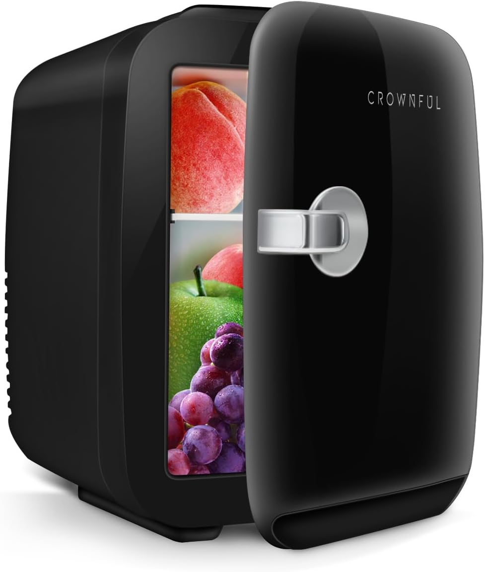 CROWNFUL Mini nevera, 4 litros/6 latas, cosméticos, alimentos, medicamentos,dormitorio,oficina, coche,refrigerador portátil y calentador personal para el cuidado de la piel(Negro mate)
