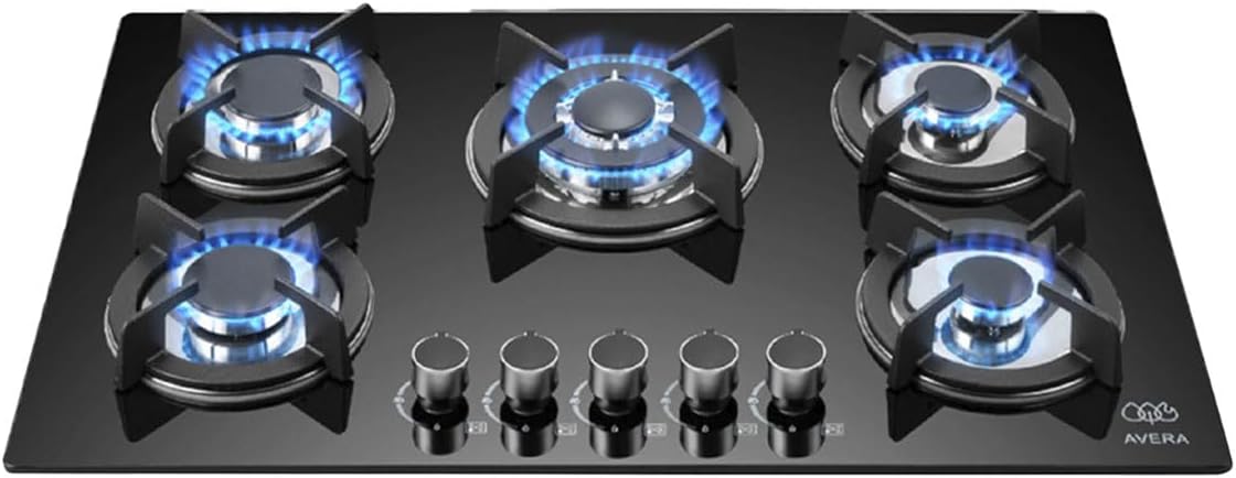 AVERA Parrilla de gas 3 quemadores Premium, Superficie de vidrio templado 60 cm, Soportes Hierro fundido, Encendido Electronico, Estufa Empotrable para Gas LP y Natural, Incluye espreas | VT3