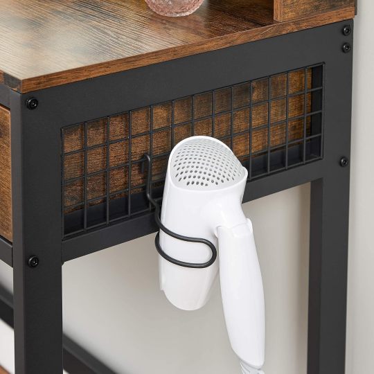 Juego de Mesa de Maquillaje con Espejo Triple, Tocador con Espejo y Taburete, 3 Cajones, Escritorio de Maquillaje, Soporte para Secador, Industrial, Marrón Rústico y Negro RVT004B01