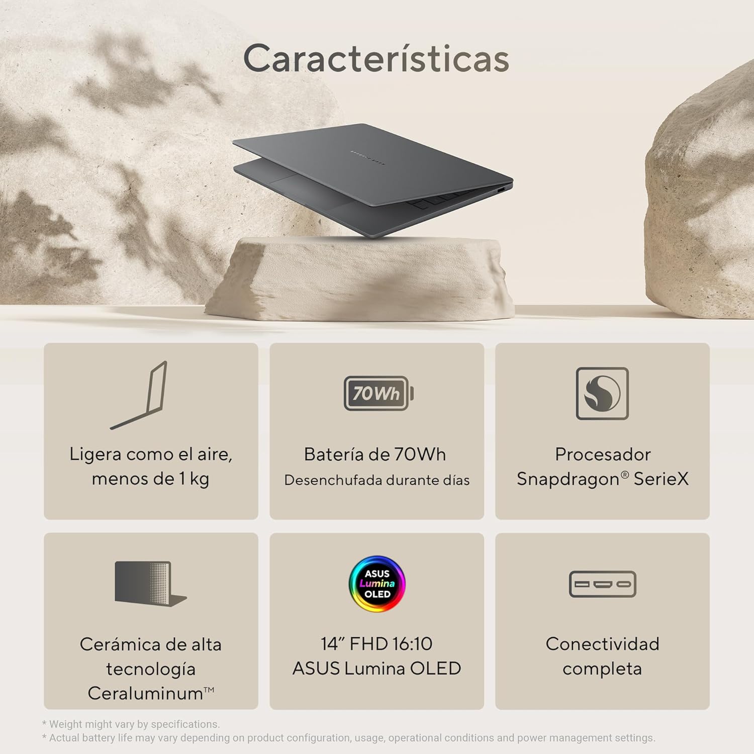 ASUS Laptop Zenbook A14/14 OLED/Snapdragon X X1 26 100/NPU hasta 45 TOPS/16GB RAM/512GB SSD/Cámara FHD con IR/Teclado Retroiluminado en Español/Funda(Garantía y Servicio en México)