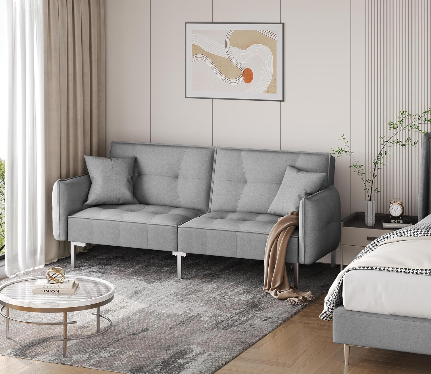 Yaheetech Sofá cama convertible moderno futón sofás, cama plegable y abajo, tela de lino reclinable para sala de estar, color gris