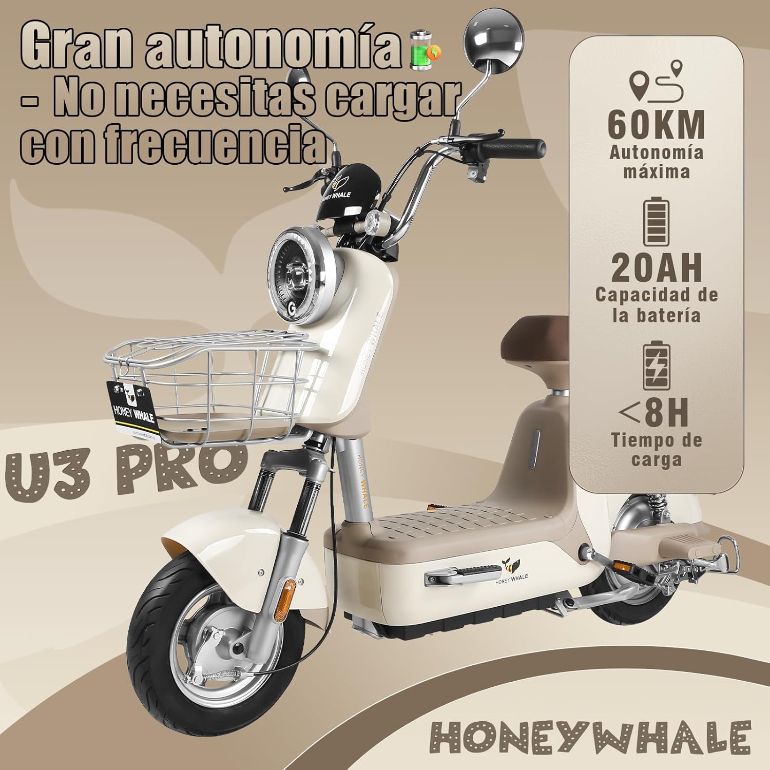 HONEYWHALE U3 PRO Bicicleta Electrica para Adultos, Moto Electrica con Alarma, Potencia Motor 650W-Max, Velocidad 31KM/H-Max, Autonomia 60KM, Bateria 20AH de Gran Capacidad