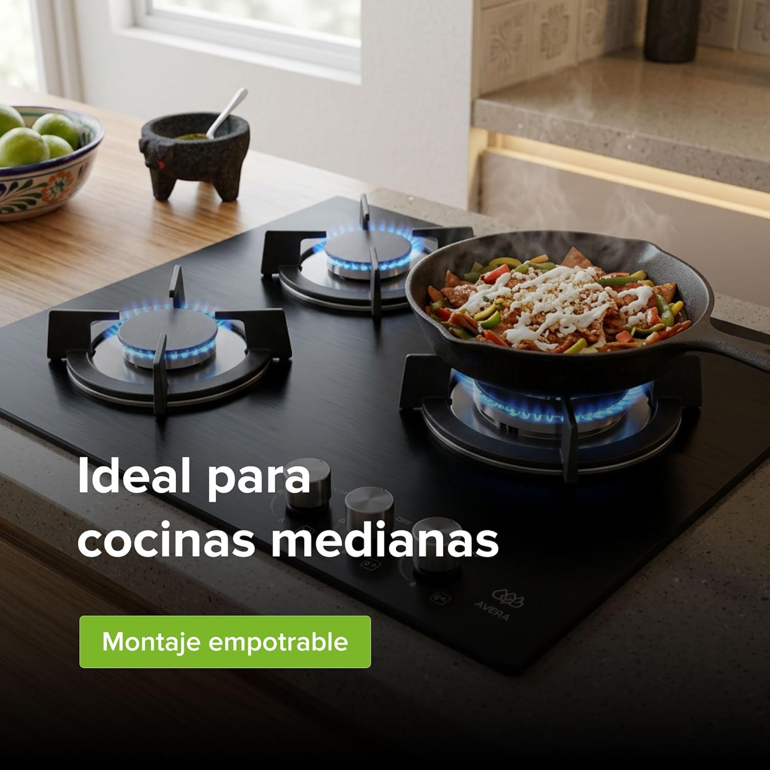 AVERA Parrilla de gas 3 quemadores Premium, Superficie de vidrio templado 60 cm, Soportes Hierro fundido, Encendido Electronico, Estufa Empotrable para Gas LP y Natural, Incluye espreas | VT3