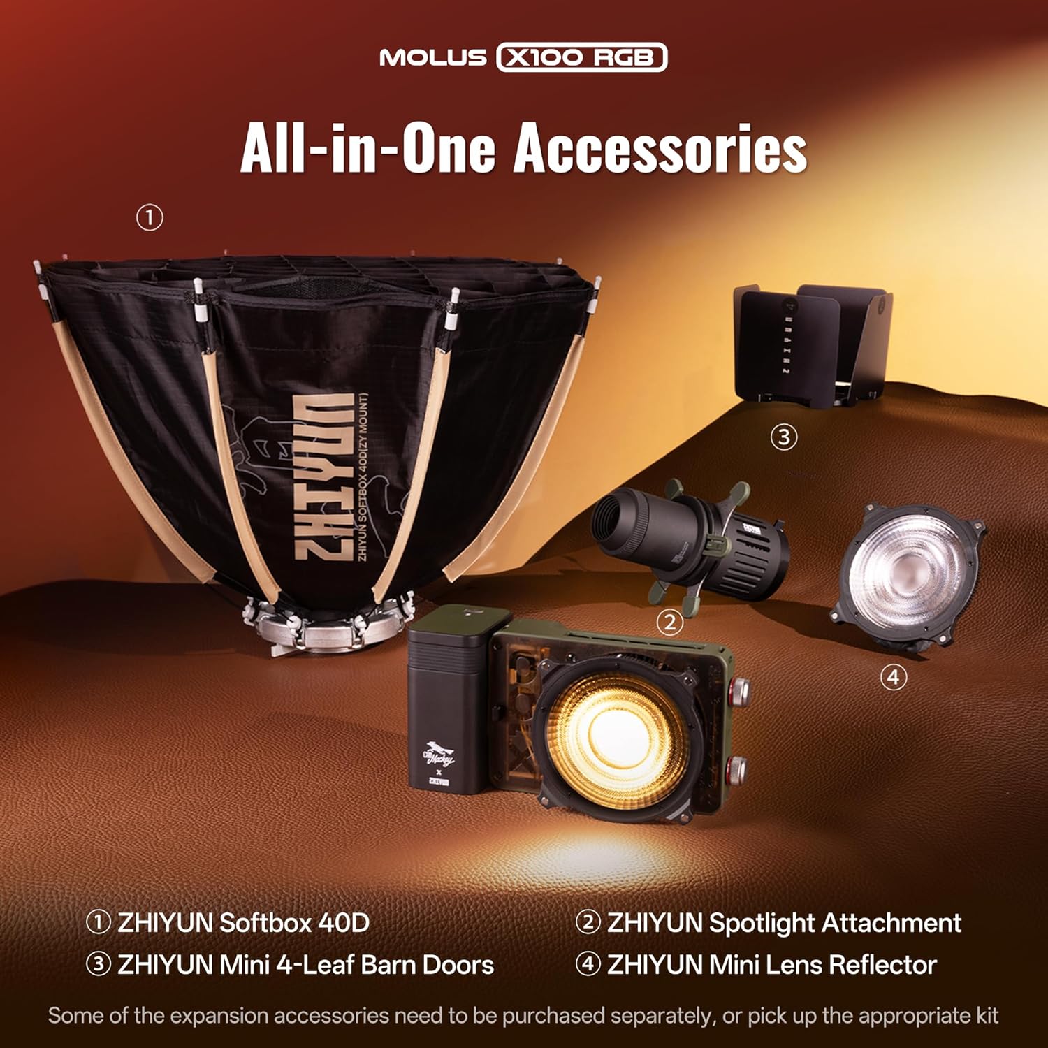 ZHIYUN MOLUS X100 RGB PRO 100W Video Light [Official] V2 Upgraded Version Professional Photography Lighting Portable Continuous Output Lighting 2500K~10000K CRI≥95 TLCI ≥97 Only 384g
