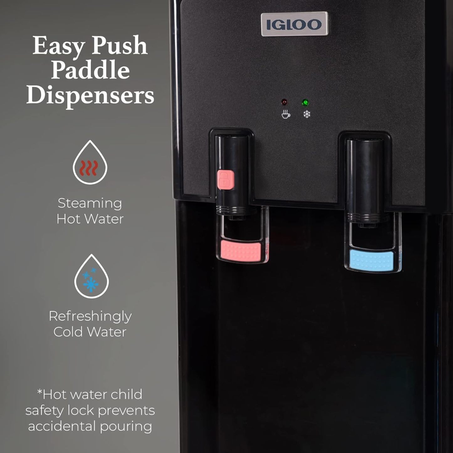 Igloo - Dispensador de agua fría y caliente de carga superior, enfriador de agua para botellas de 5 galones y botellas de 3 galones, incluye cerradura de seguridad para niños, máquina de agua perfecta