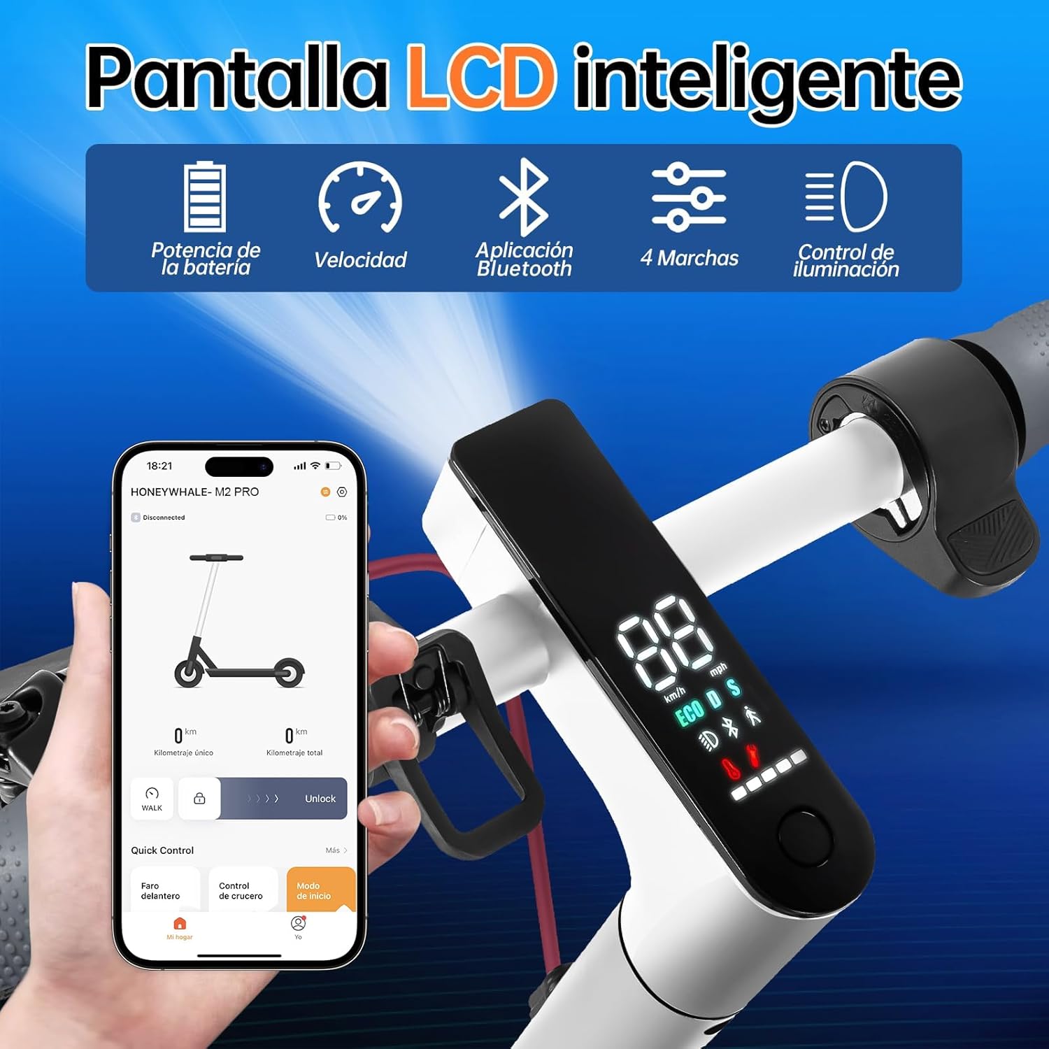 HONEYWHALE M2 Pro Scooter Eléctrico Plegable para Adultos, Motor de 500 W de Potencia Máxima, 22km con una Carga Completa, Velocidad Máxima 32km/h, Patin Eléctrico con App Control Bluetooth