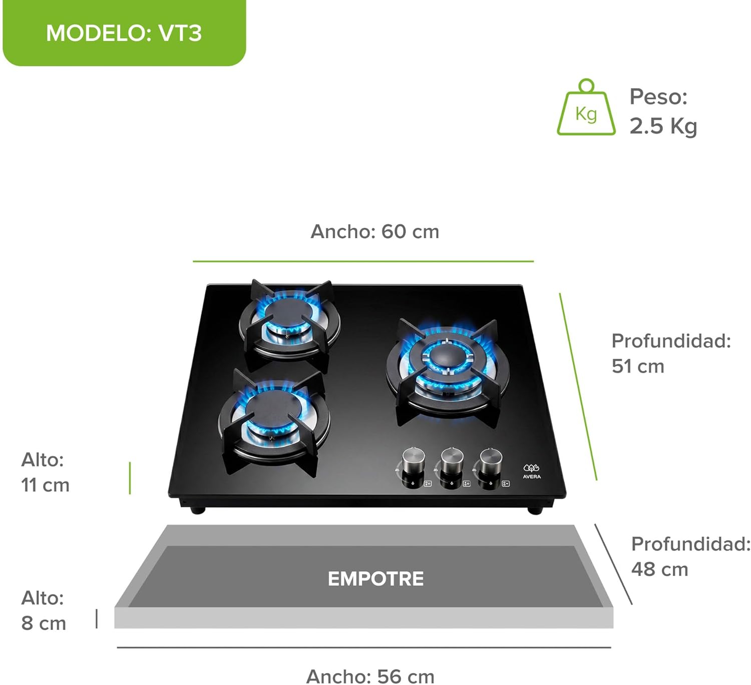 AVERA Parrilla de gas 3 quemadores Premium, Superficie de vidrio templado 60 cm, Soportes Hierro fundido, Encendido Electronico, Estufa Empotrable para Gas LP y Natural, Incluye espreas | VT3