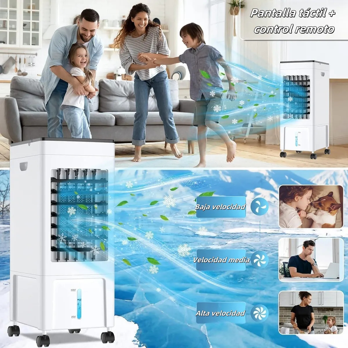 Auskang Aire Acondicionado Portátil 10L - 4 en 1 Enfriador de Aire,Ventilador de Frío Portátil Silencioso con 3 Cajas de Hielo,Control Remoto y Temporizador para Dormitorio Habitación Oficina