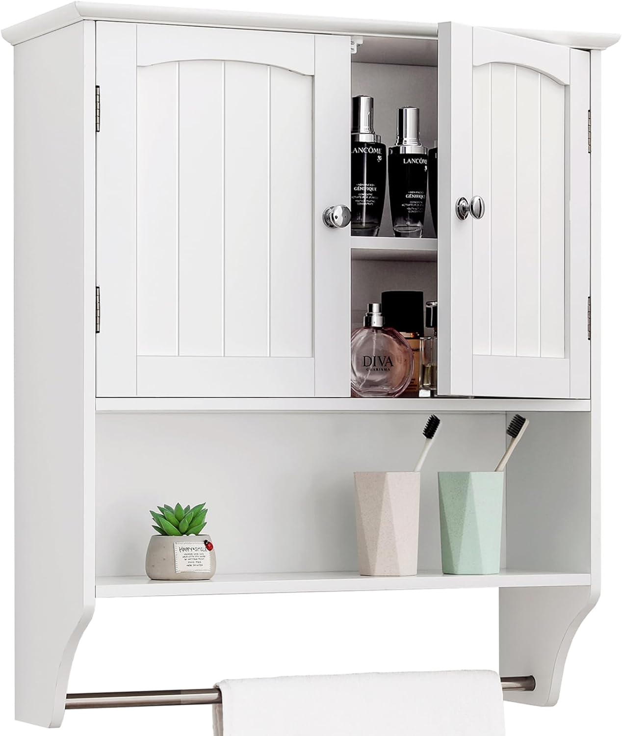 Iwell Mueble de baño montado en la pared con toallero y estante ajustable, clóset de almacenamiento sobre el inodoro, gabinete de medicina para baño, blanco