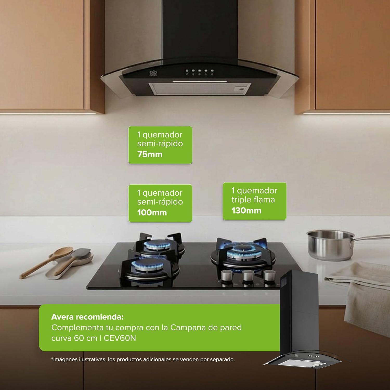 AVERA Parrilla de gas 3 quemadores Premium, Superficie de vidrio templado 60 cm, Soportes Hierro fundido, Encendido Electronico, Estufa Empotrable para Gas LP y Natural, Incluye espreas | VT3