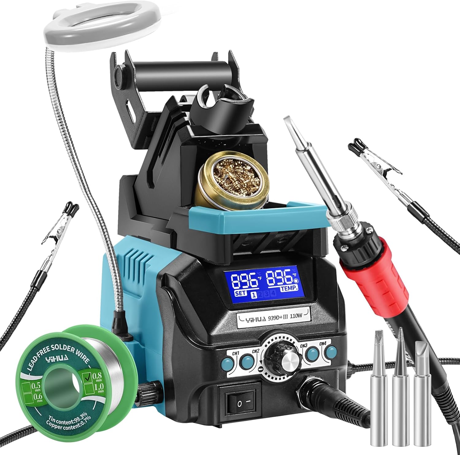 YIHUA 939D+ III EVO Kit de estación de soldador digital de 110 W de alta potencia con visualización LCD, 4 canales de memoria, modo de suspensión, calibración digital, cable de soldadura, manos