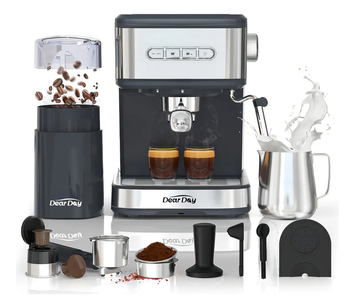 Cafetera Espresso DEAR DAY Semi Automática con Molino y Vaporizador para Café en Grano o Cápsulas