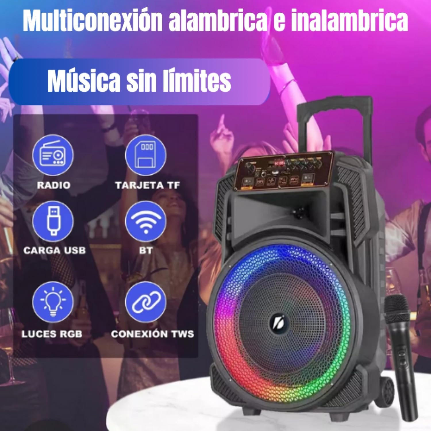 LINK BITS KTS-1666 Bocina Bluetooth Grande 15 Pulgadas, Recargable Altavoces Speaker Control y micrófono, bafle Karaoke para Fiesta con Luz Led