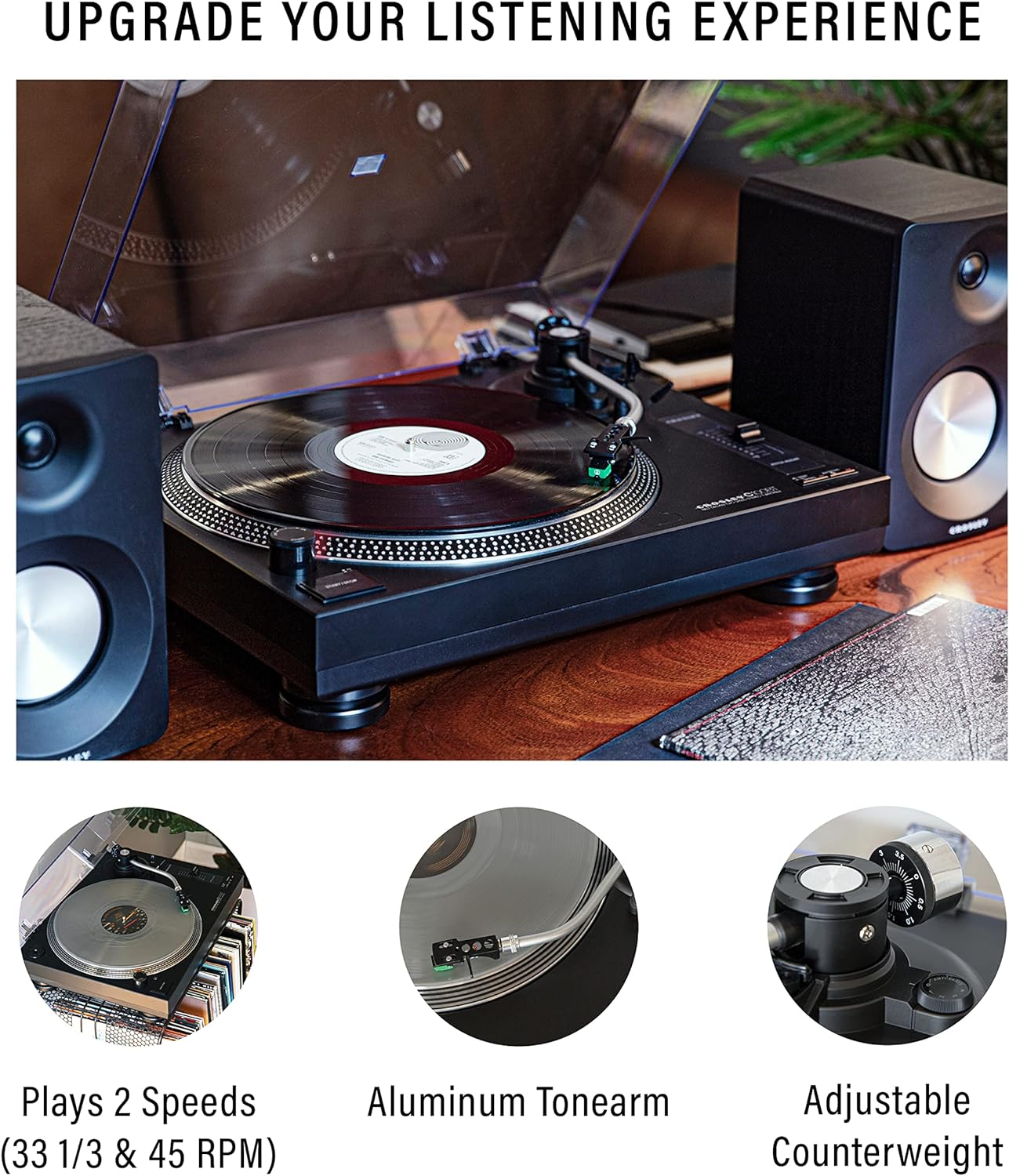 Crosley C100BT-BK Belt-Drive Bluetooth Turntable with S-Shaped Tone Arm with Adjustable Counterweight, Black