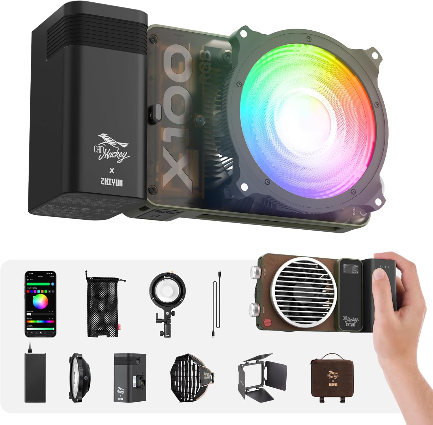 ZHIYUN MOLUS X100 RGB PRO 100W Video Light [Official] V2 Upgraded Version Professional Photography Lighting Portable Continuous Output Lighting 2500K~10000K CRI≥95 TLCI ≥97 Only 384g