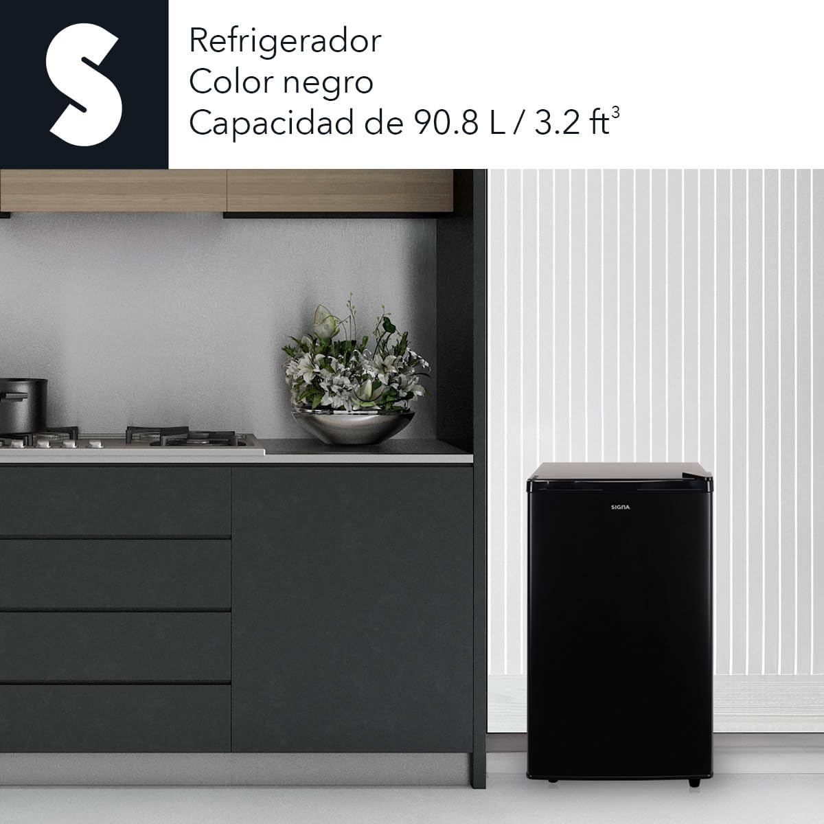 SIGNA Frigobar 90.4L (3.2 pies cubicos) Mini Refrigerador Compacto Negro Refrigerador Pequeño Con congelador de Acero Inoxidable Ideal Para Espacios Pequeños Frigobar Mini Multifuncional (90.4 Litros)