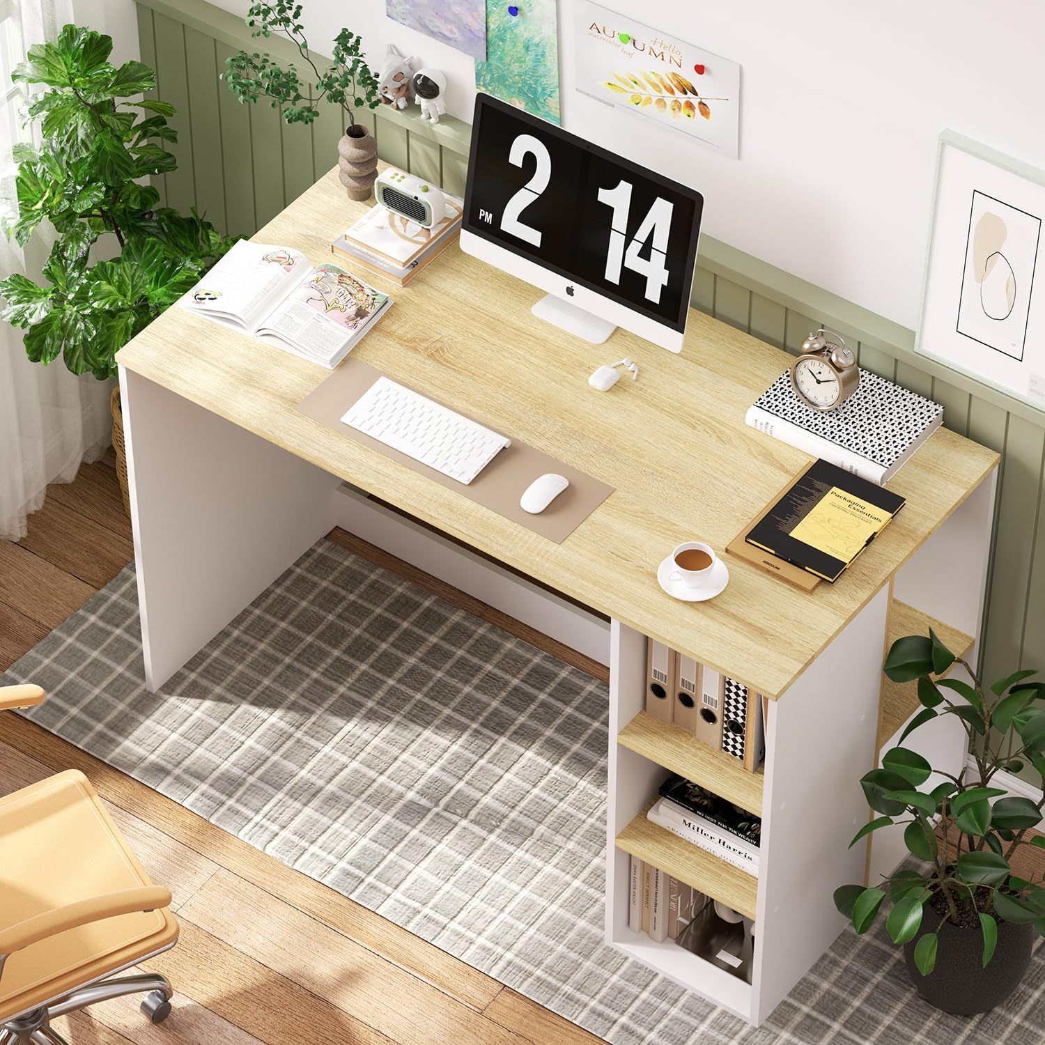 FurnitureR Escritorio para Computadora de Oficina con Almacenamiento Escritorio de Trabajo y Estudio con 5 Estantes Mesa Portátil para Estudiantes Escritorio de Escritura Moderno Haya y Blanco-Bolígrafo de carbono metálico, bolígrafo de firma negro.