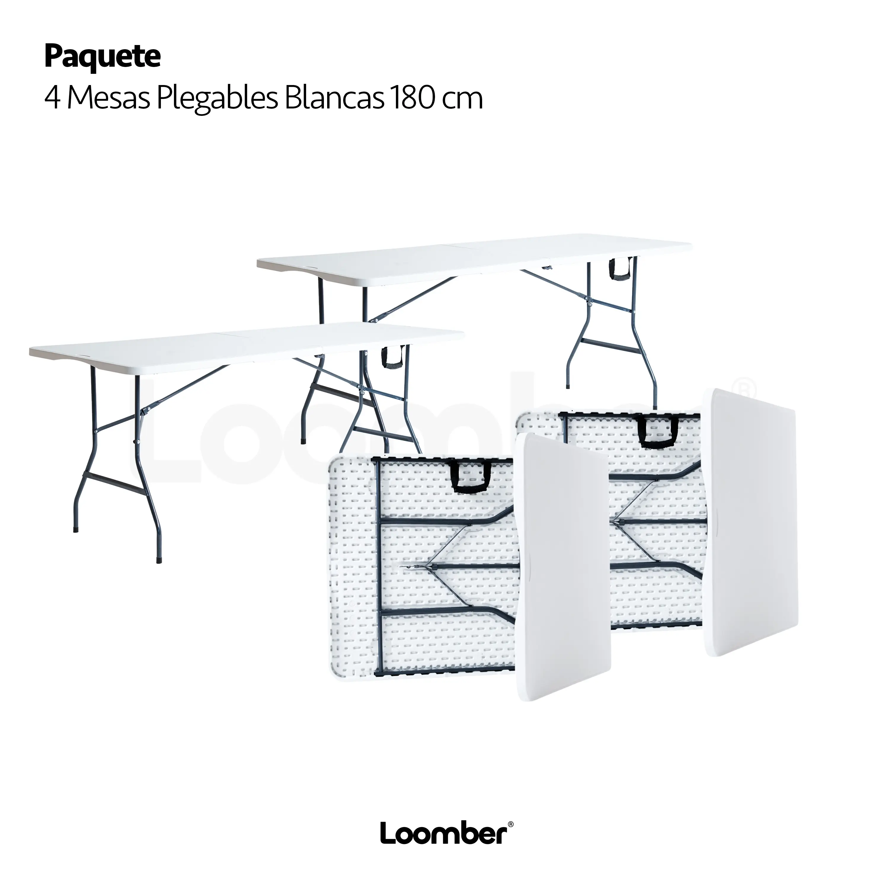 Paquete de 4 Mesas Plegables Blancas 180 cm para Eventos y Fiestas Cómodas y Prácticas
