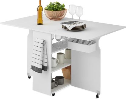 Best Choice Products - Mesa de comedor plegable, multiusos para ahorrar espacio, con ruedas, 3 estantes de almacenamiento, color café