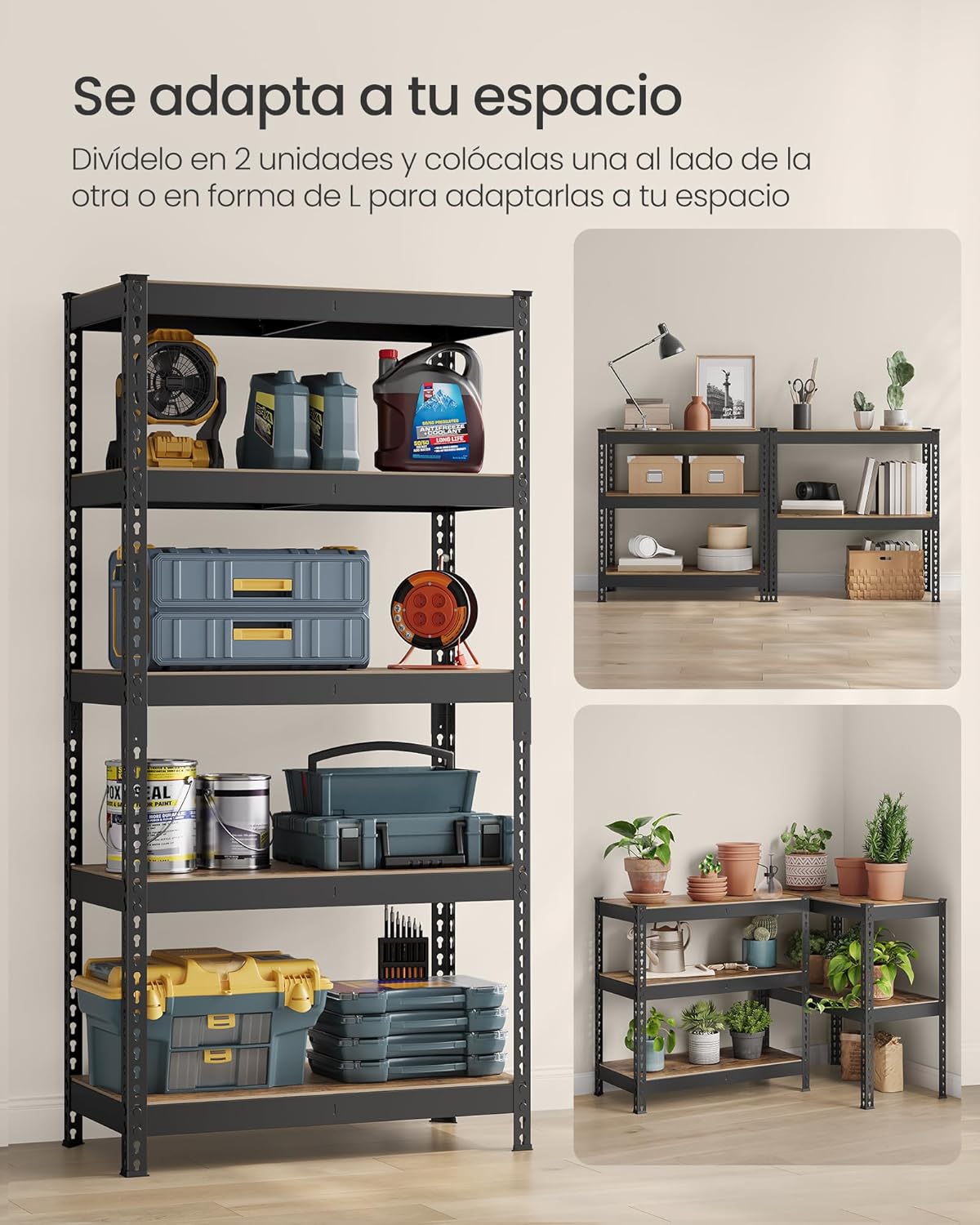 SONGMICS Estantería de Almacenamiento de 5 Niveles, Montaje sin Tornillos, Estantes Ajustables, 45 x 90 x 180 cm, Marrón Rústico y Negro MGLR450BZ02.