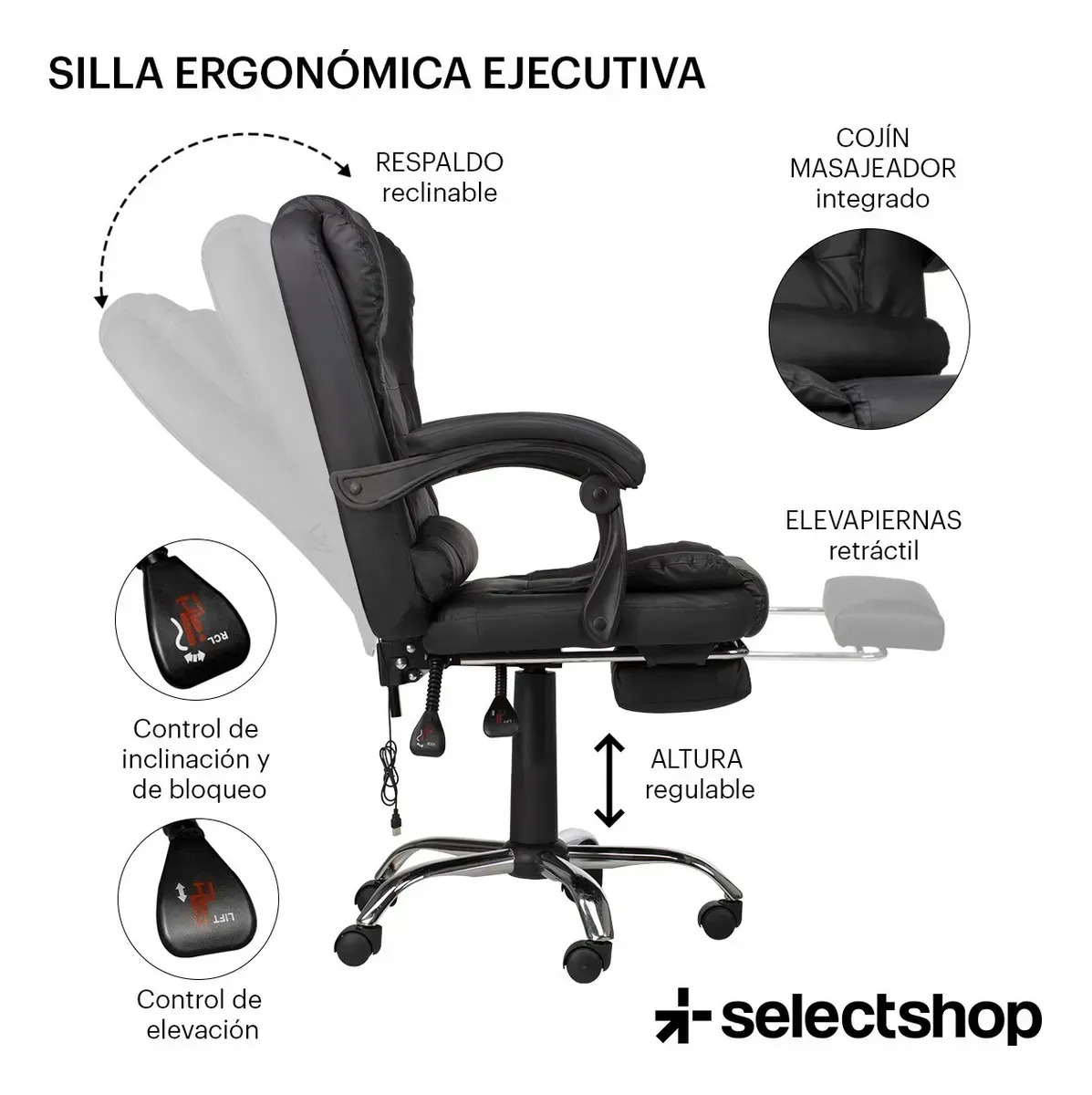 Silla Ejecutiva Con Masaje Secretarial Oficina Reposapiés Respaldo Reclinable Acojinada Giratoria Ergonómica Descansa Pies SelectShop Color Negro