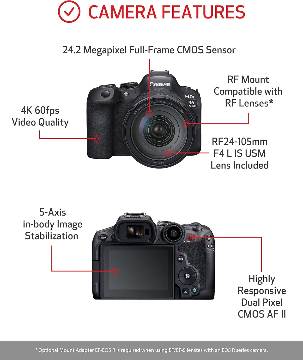 Canon EOS R6 Mark II Cámara sin Espejo RF24-105 mm F4 L USM, Kit de Lentes híbrido, cámara de fotograma Completo, Sensor CMOS de 24,2 megapíxeles Capacidad de cámara de Fotos y Video, Montaje RF,
