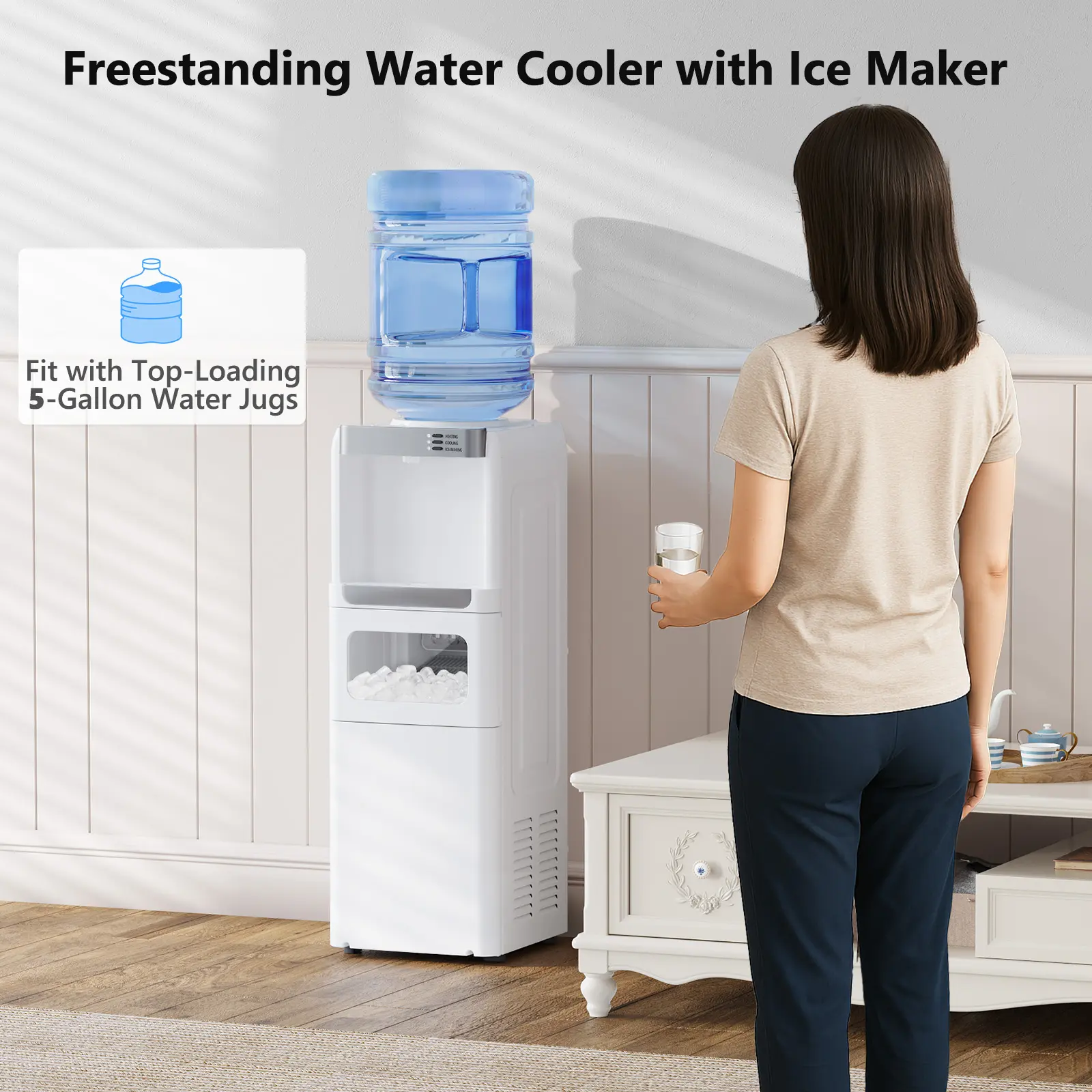 Dispensador de agua con función de fabricación de hielo, enfriador de agua fría y caliente de carga superior para botellas de 5 galones — Incluye seguro de seguridad para niños.